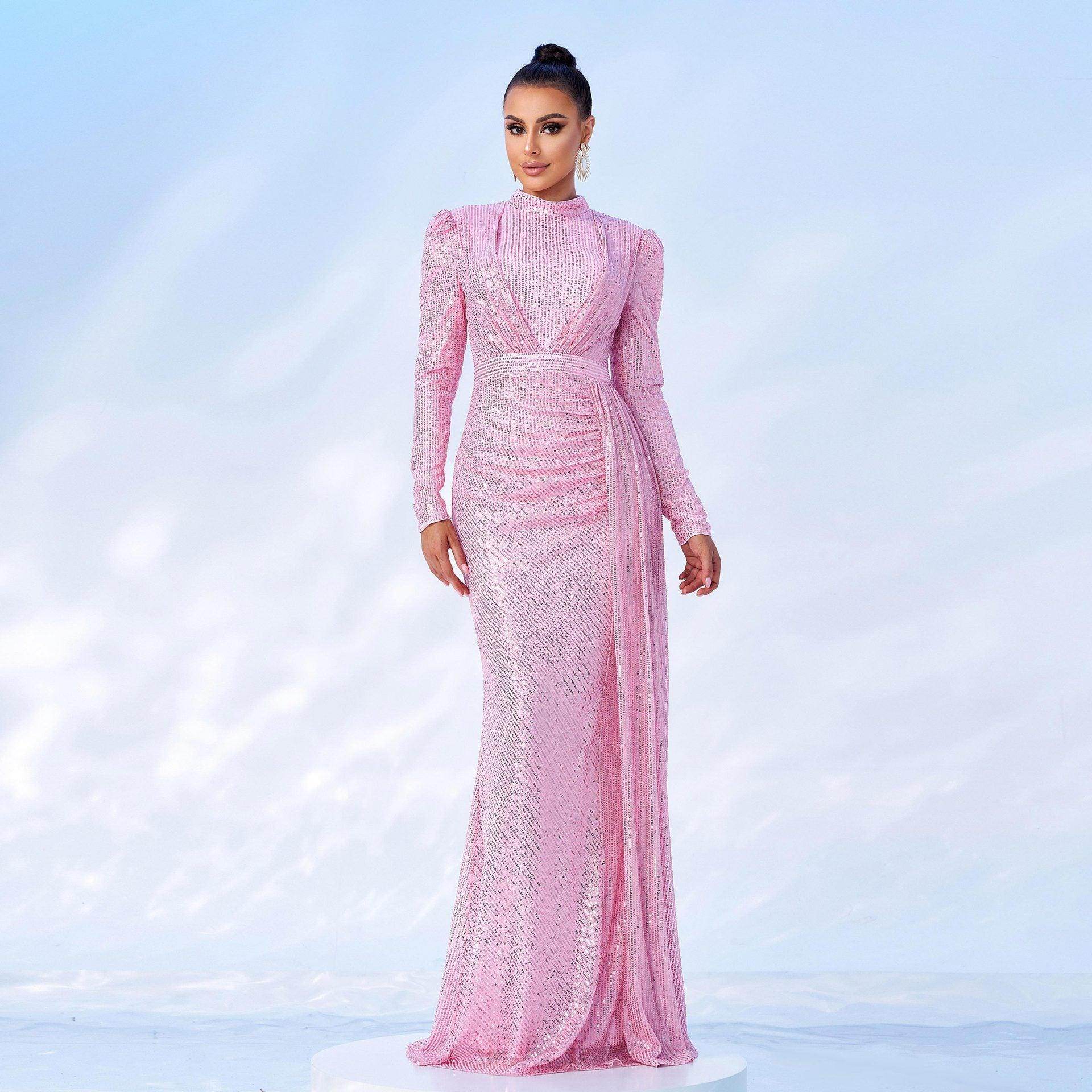 Long Sleeve Round Neck Sexy Slim Long Sequined Banquet Dress - Magellan Fashion Shop