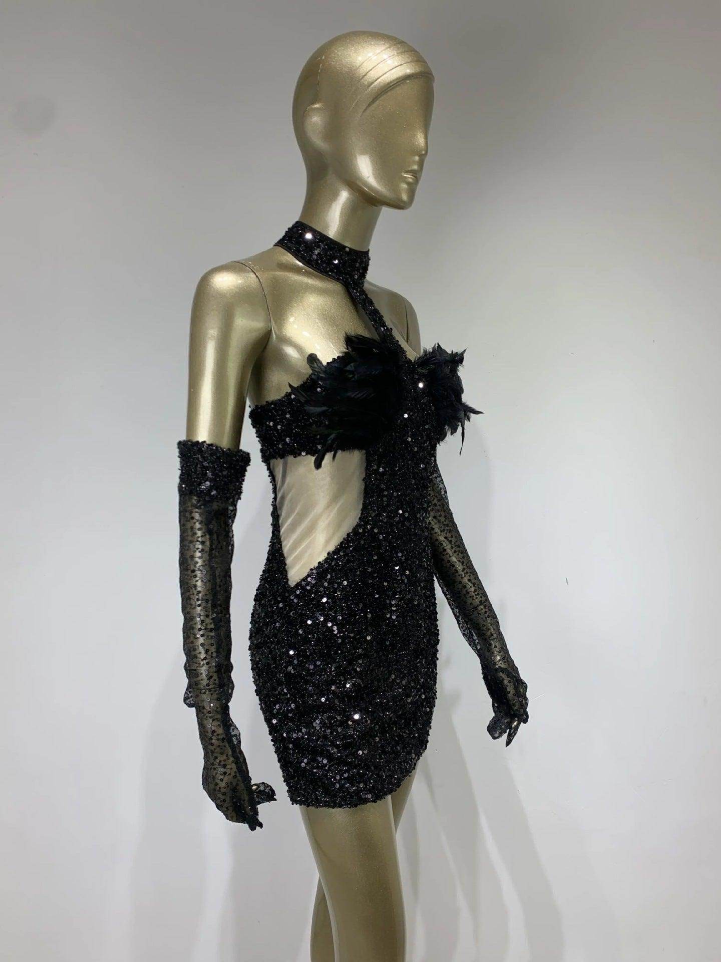 Dress Halter Feather Sequins Short Hip Skirt With Gloves Dress - Magellan Fashion Shop