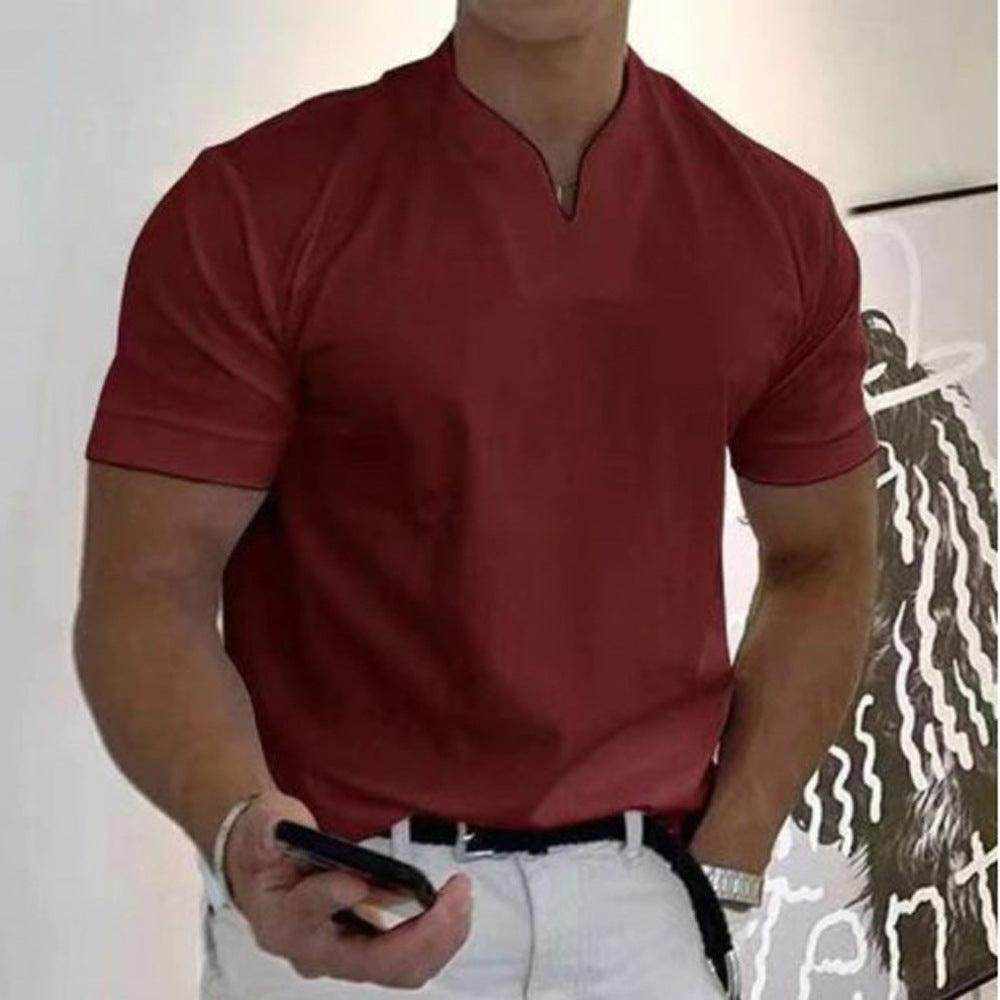 Men's summer short sleeve fitness shirt with elastic cotton and pocket
