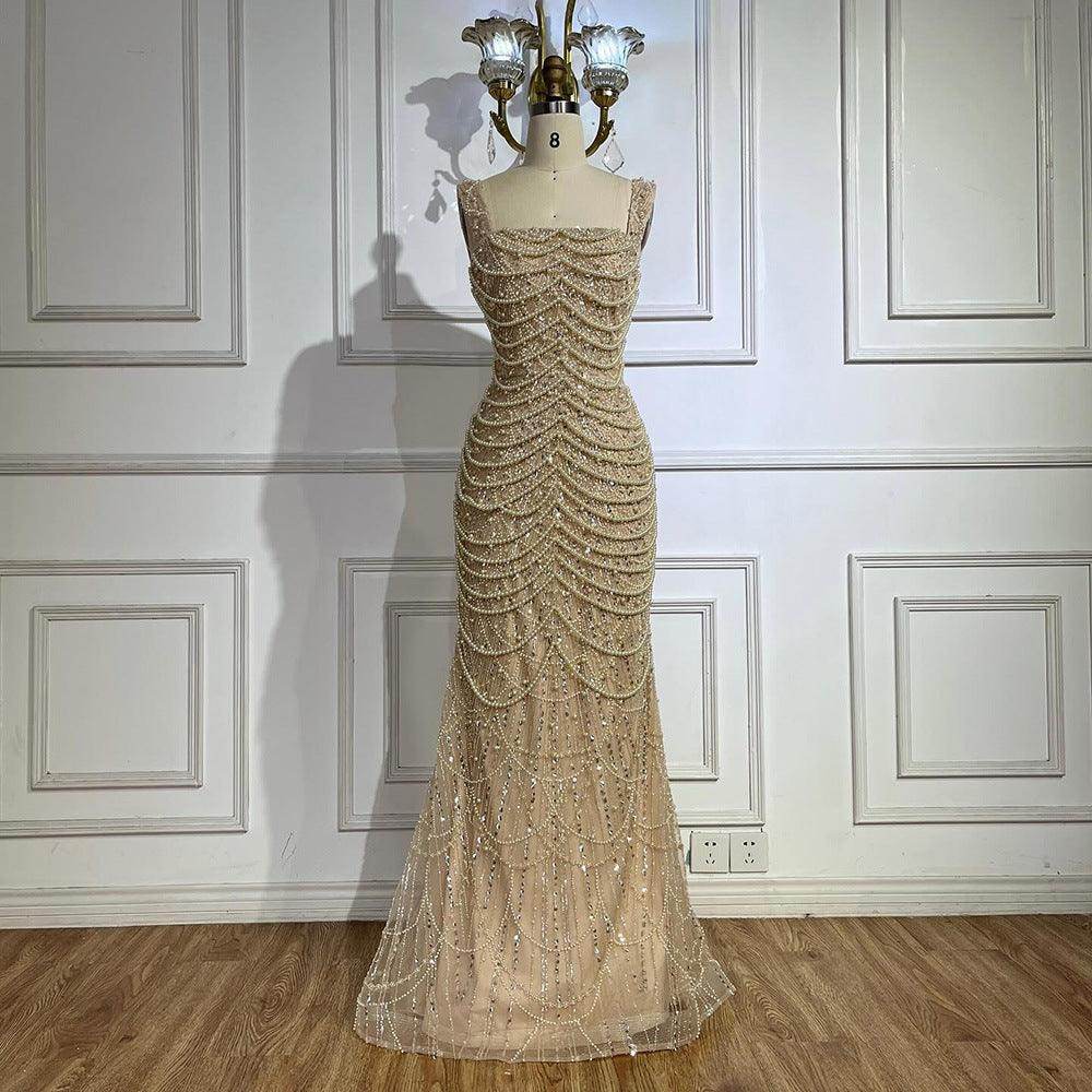 Nude Elegant Sling Light Luxury High-end Pearl Beaded Dress - Magellan Fashion Shop
