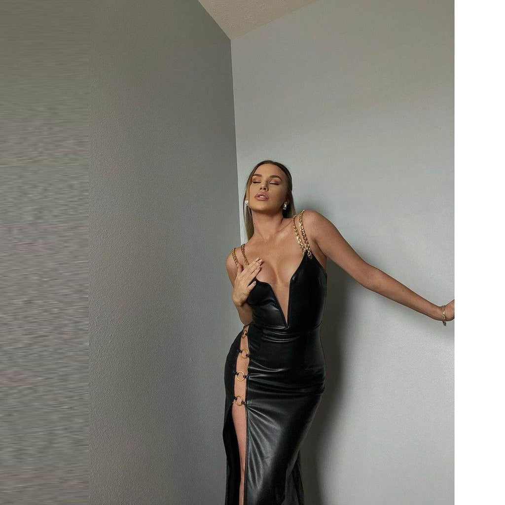 V-neck Suspender Skirt Split Metal Chain Dress - Magellan Fashion Shop