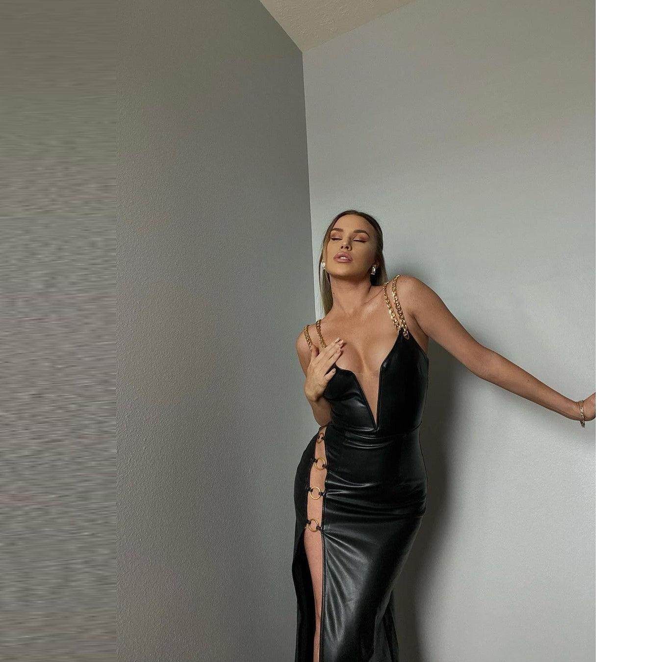 V-neck Suspender Skirt Split Metal Chain Dress - Magellan Fashion Shop