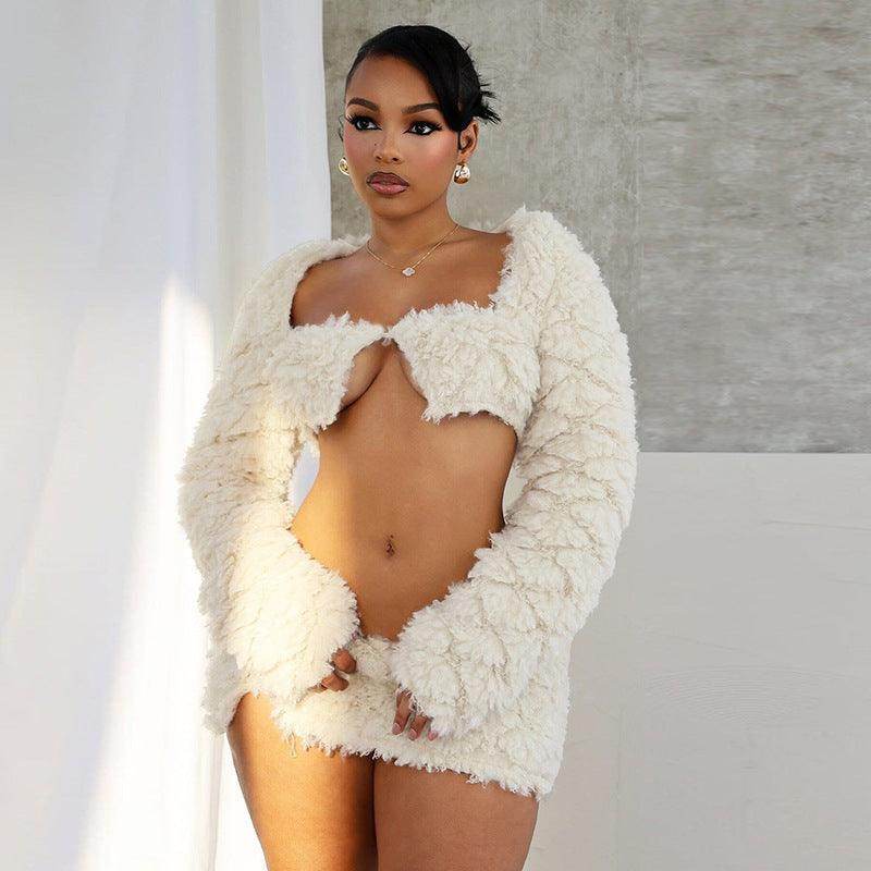 Wrapped Chest Long Sleeve Furry Coat Skirt Outfit - Magellan Fashion Shop