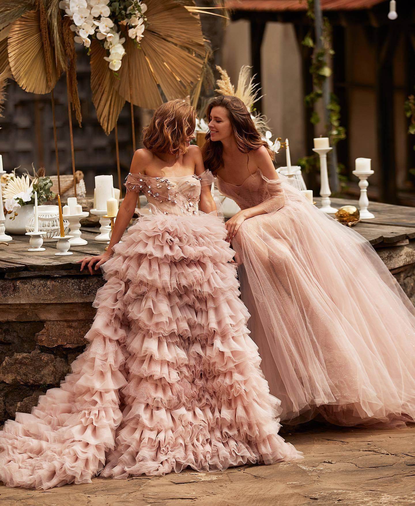 One-line Shoulder Wipe Chest Studded Beaded Cake Skirt Pink Wedding Dress - Magellan Fashion Shop