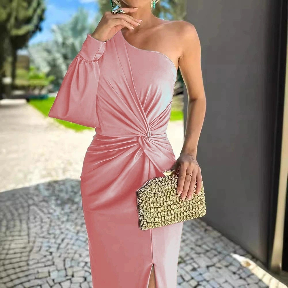 Women's Diagonal Shoulder Knot Split Solid Color Slim Fit Dress
