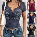 Women's Letter Print Button V-neck Short Sleeve - Magellan Fashion Shop