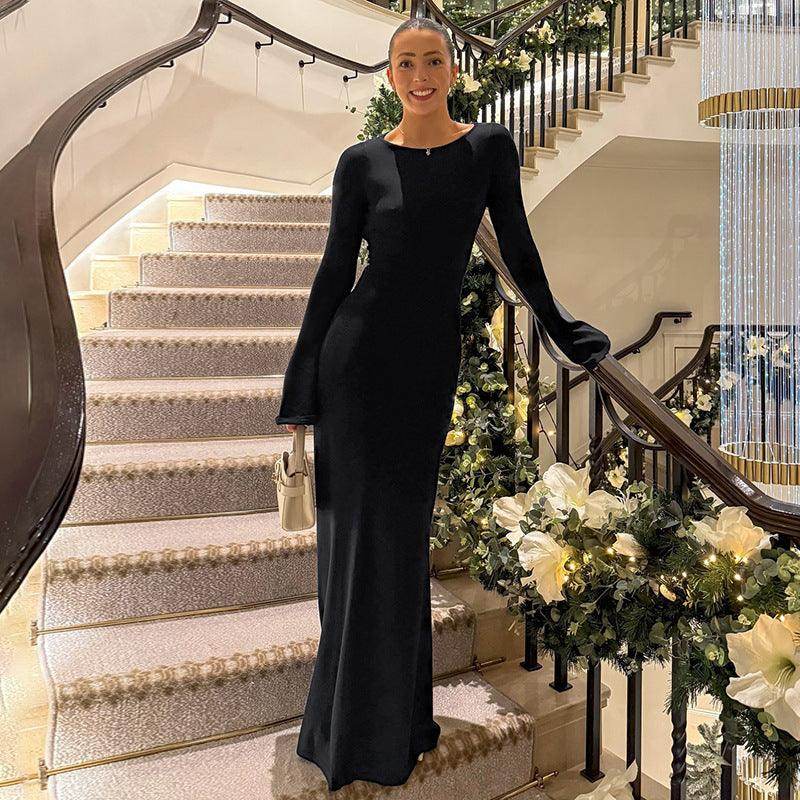 Solid Color Long Fashionable Elegant Backless Slim Fit Long Sleeve Dress - Magellan Fashion Shop