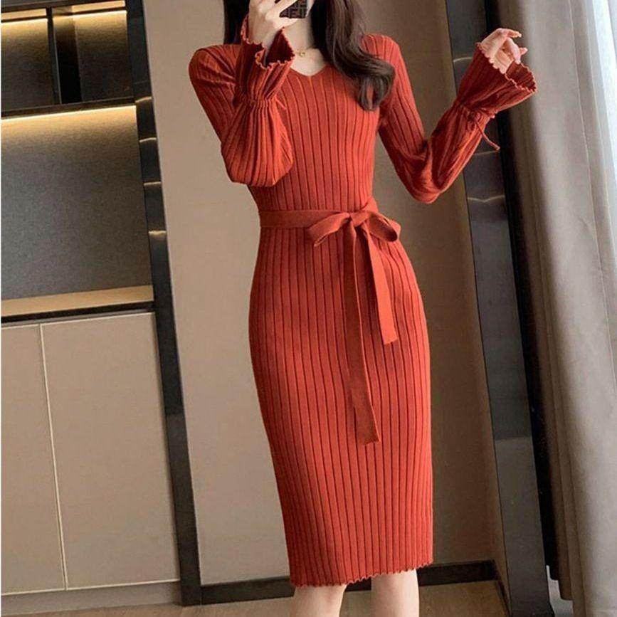 Bell Sleeve Solid Color Knitted Dress Autumn And Winter - Magellan Fashion Shop
