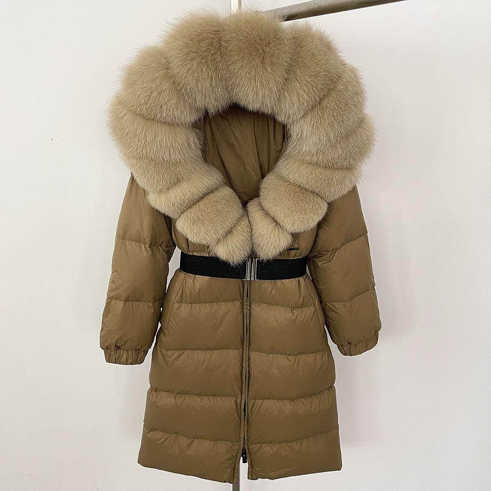 Women's Long Cinched Hoodie Real Fox Collar Fur Down Jacket Coat - Magellan Fashion Shop