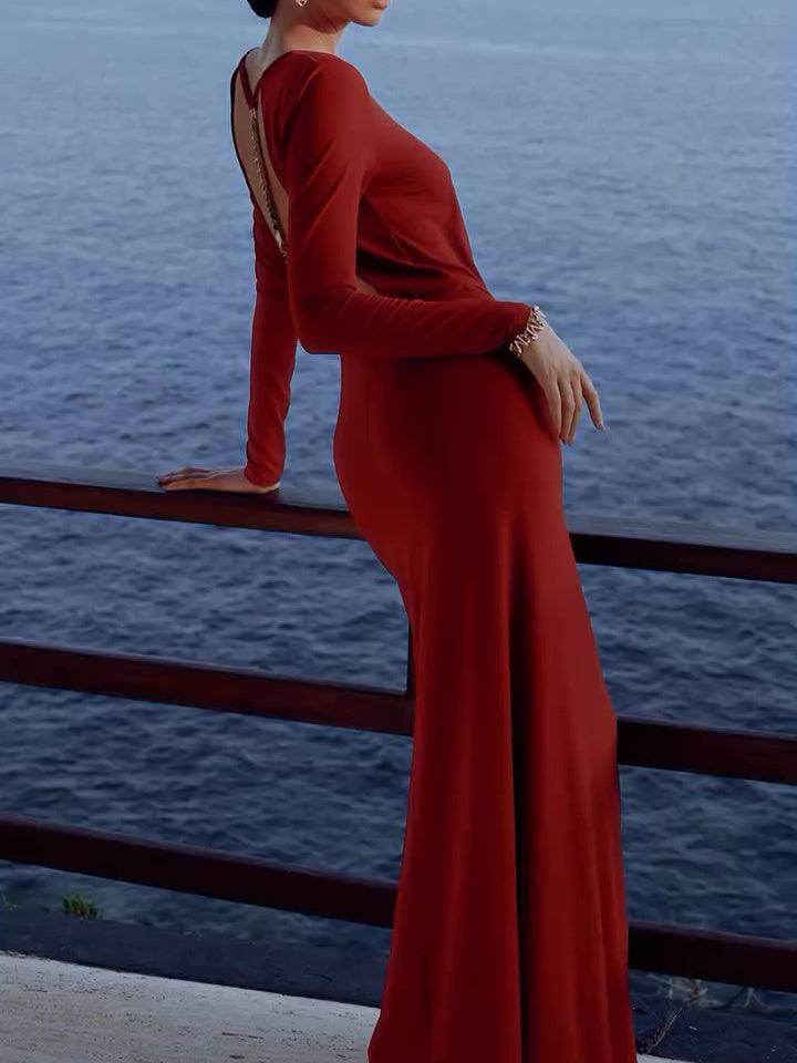 Burgundy Red Backless Chain Long Sleeve Dress - Magellan Fashion Shop