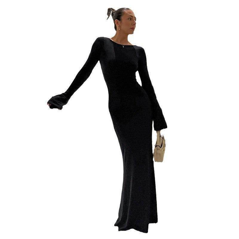 Solid Color Long Fashionable Elegant Backless Slim Fit Long Sleeve Dress - Magellan Fashion Shop
