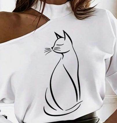 Women's White Long Sleeve T-Shirt With Cartoon Line Pattern & Open Shoulder - Magellan Fashion Shop