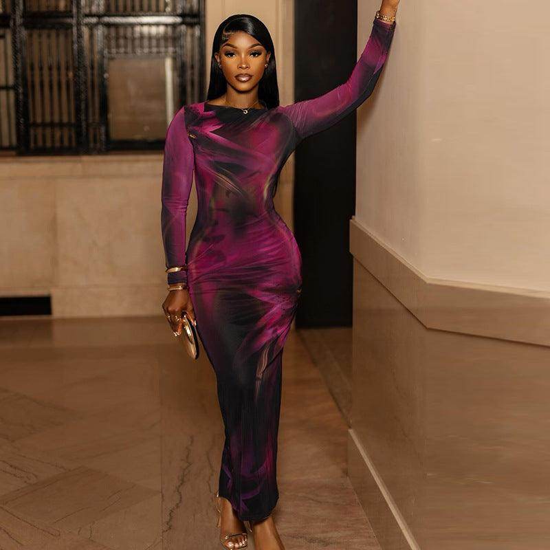 Women's Elegant Printed Long Sleeve Slim Fit Dress - Magellan Fashion Shop