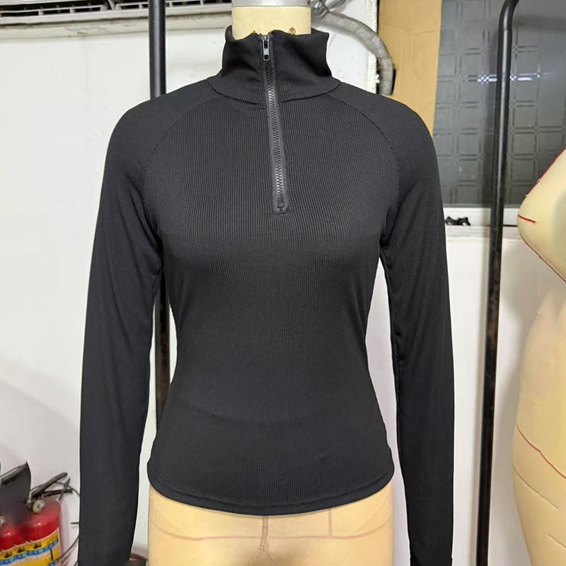 Women's Solid Color Ribbed Turtleneck Top, Half-Zip Long Sleeve Knit Shirt For Autumn
