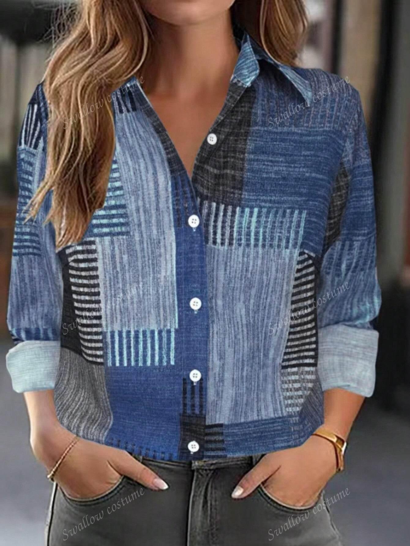 Color Block Button Print Long Sleeve Casual - Magellan Fashion Shop