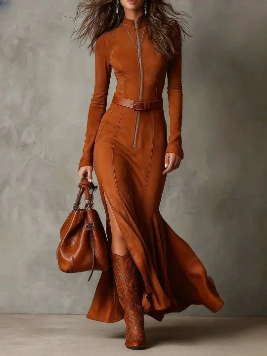 Slim Zipper Dress Elegant Temperament Split Long-sleeved Dresses
