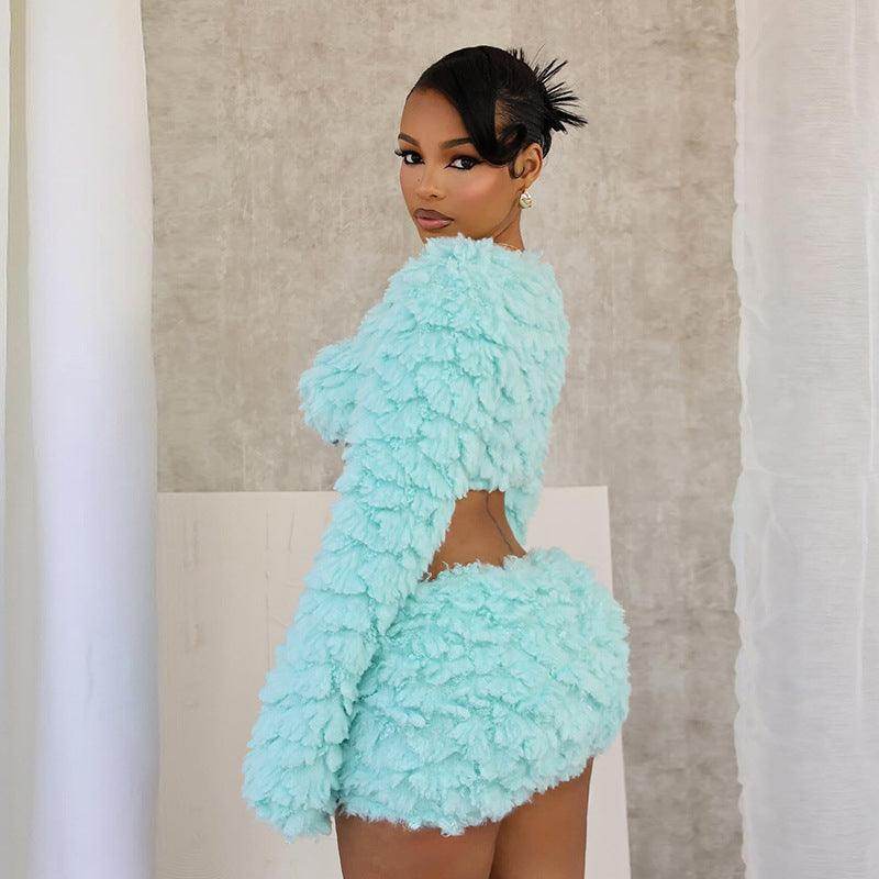 Wrapped Chest Long Sleeve Furry Coat Skirt Outfit - Magellan Fashion Shop