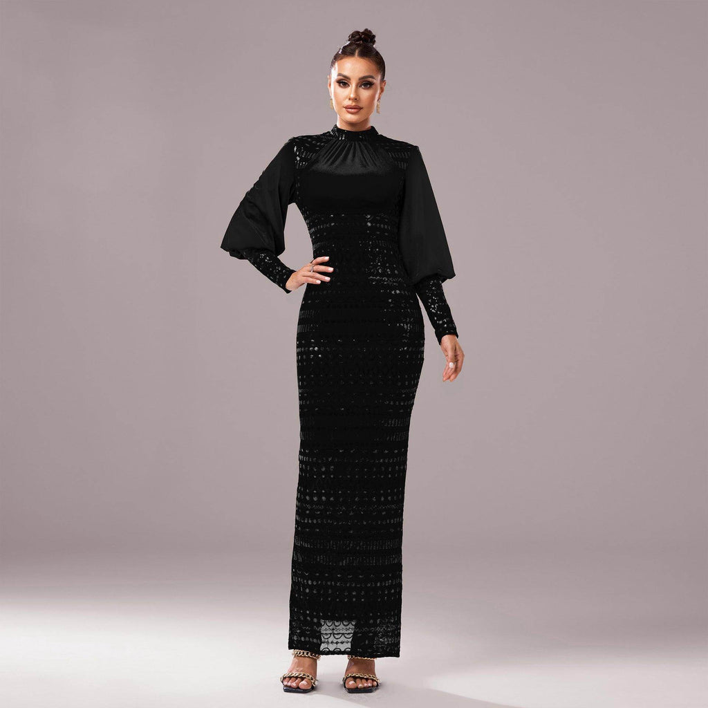 Long Sleeve Round Neck Sequins Slit Evening Dress - Magellan Fashion Shop