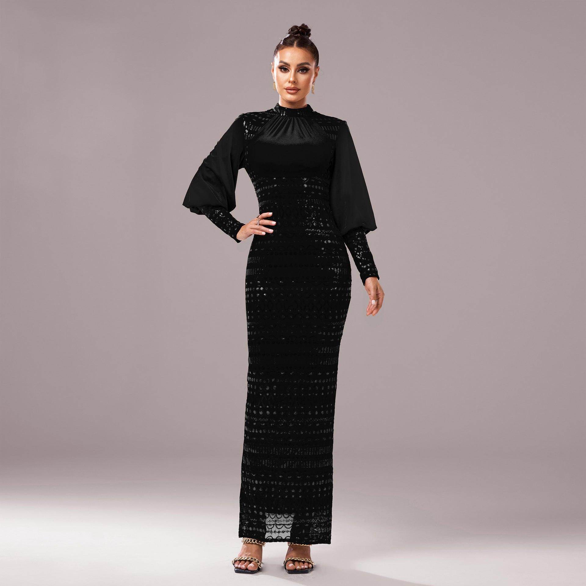Long Sleeve Round Neck Sequins Slit Evening Dress - Magellan Fashion Shop