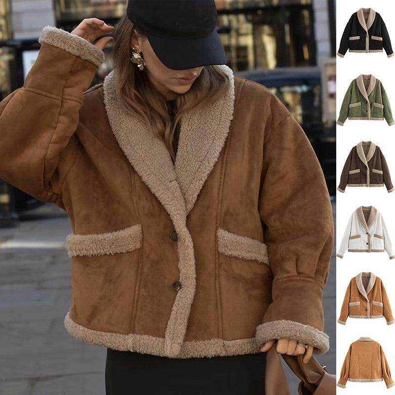 Lapel Woolen Coat With Pockets Winter Fashion Loose Suede Short Top Women's Clothing - Magellan Fashion Shop