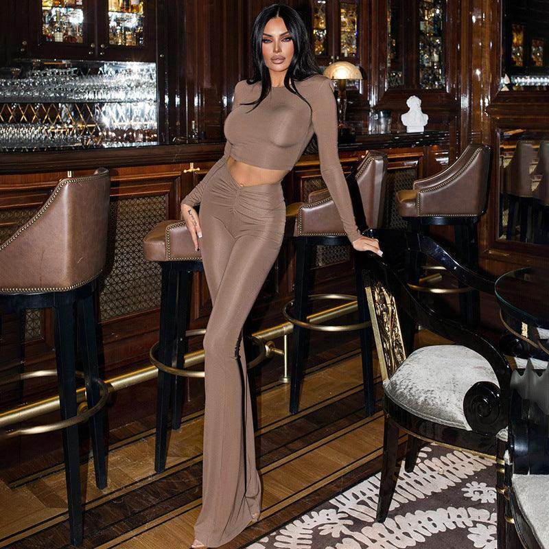 Padded Shoulder Long Sleeve Top High Waist Trousers Suit - Magellan Fashion Shop