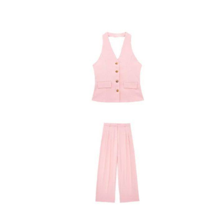 Pleated Wide Leg Pants Backless Hanging Collar Vest - Magellan Fashion Shop