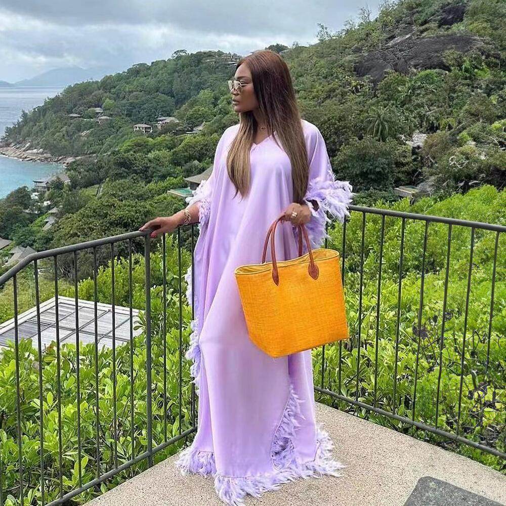 African Women's Loose Dress Luxury Fully Surrounded Light Feather Batwing Sleeve High Slit Robe - Magellan Fashion Shop