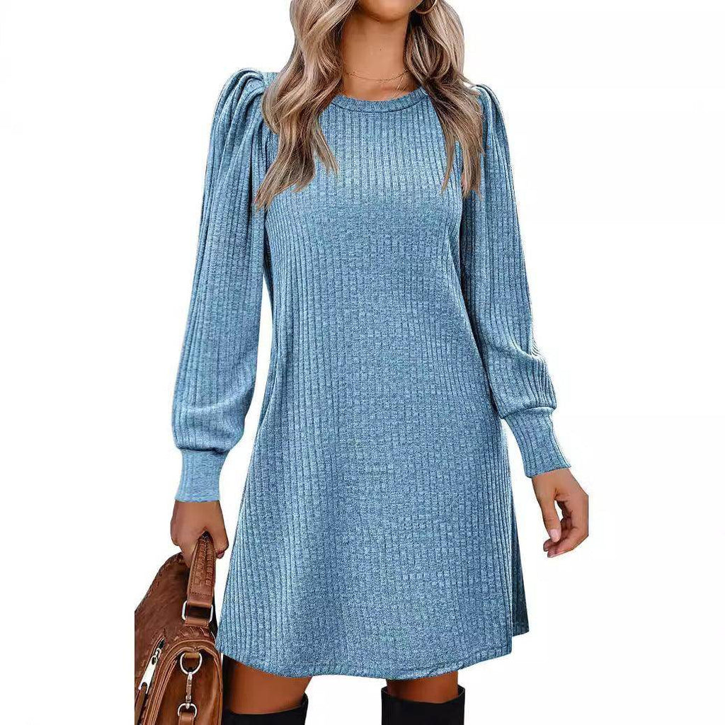 Women's Knitted Puff Sleeve Casual Loose Dress - Magellan Fashion Shop