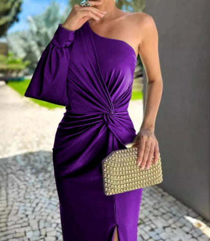 Women's Diagonal Shoulder Knot Split Solid Color Slim Fit Dress