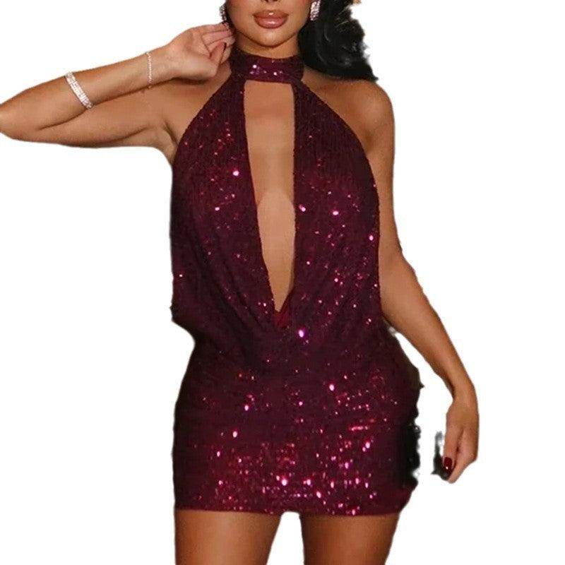 Women's Fashionable Sequins Backless Deep V Dress - Magellan Fashion Shop