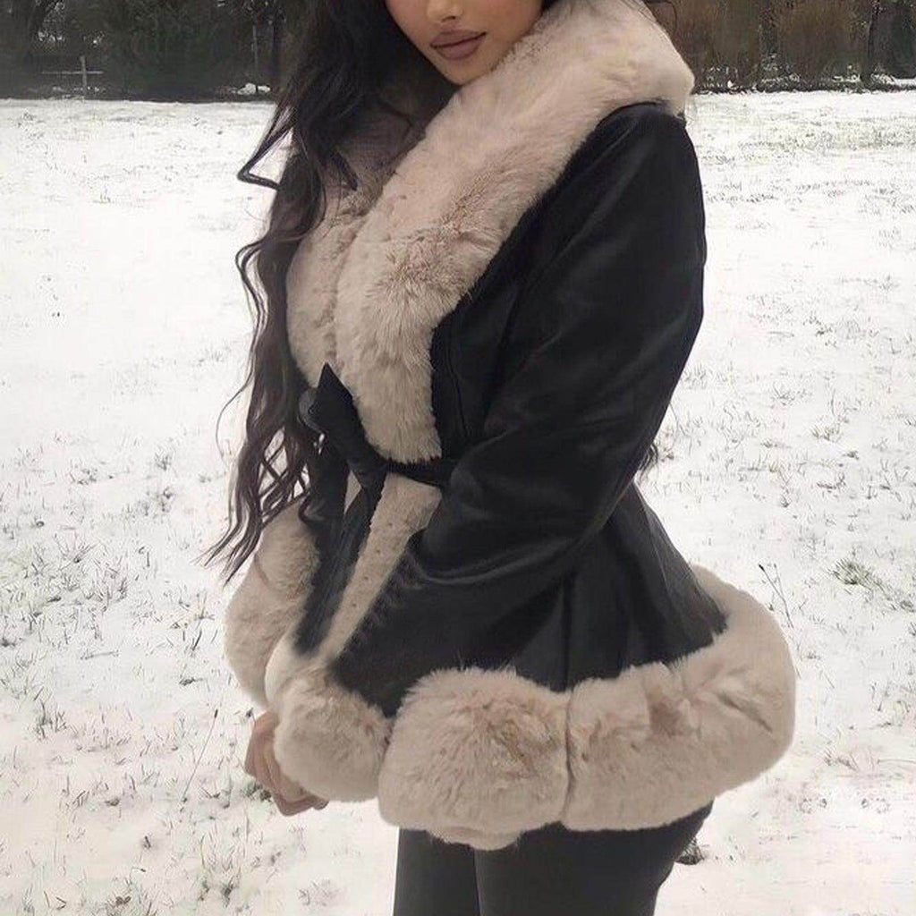 Fashionable Fur Collar Lace-up Waist Leather Coat - Magellan Fashion Shop