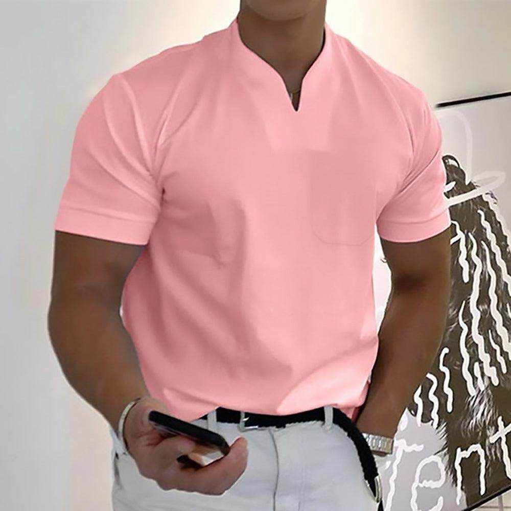 Men's summer short sleeve elastic cotton sports shirt with pocket in multiple colors