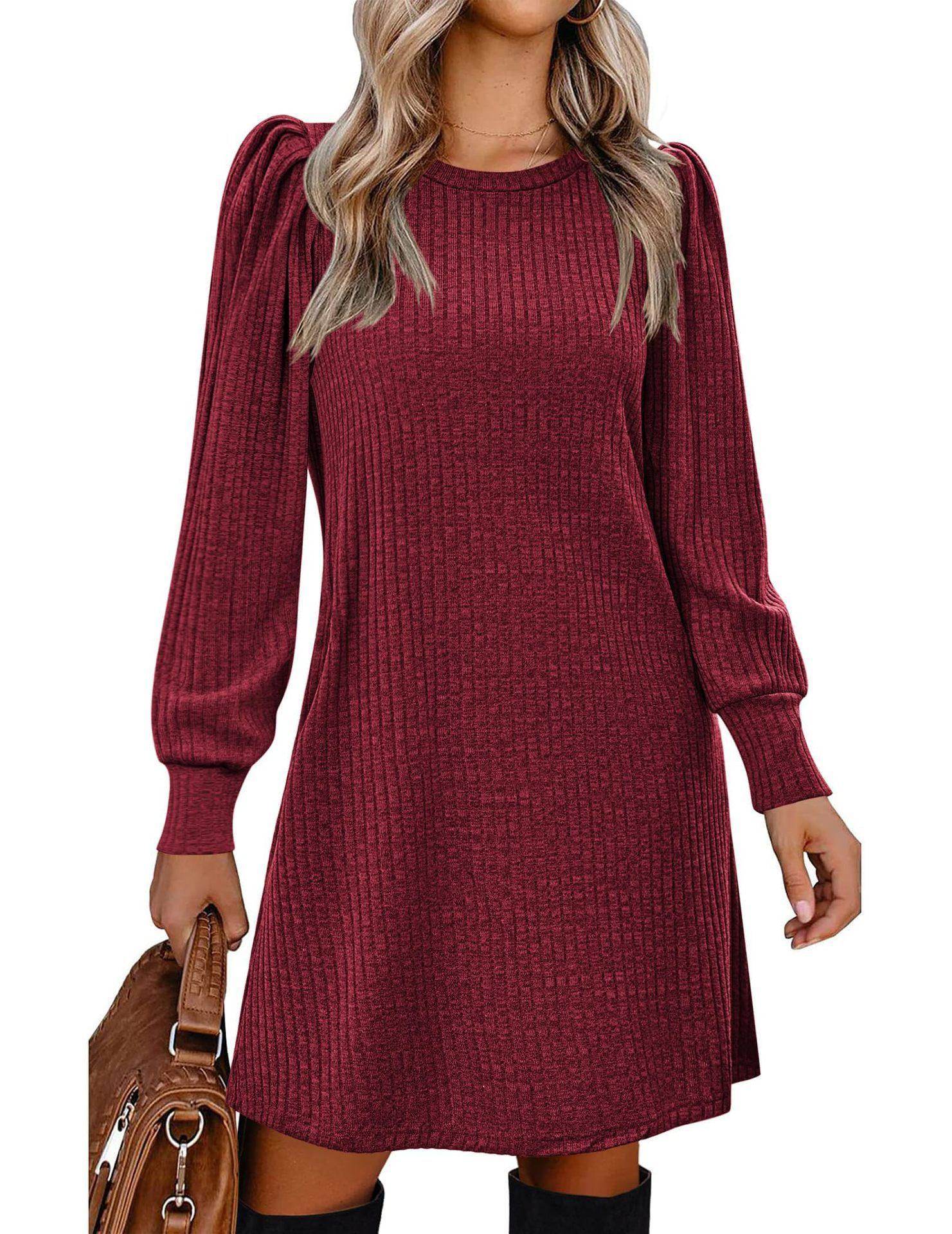 Women's Knitted Puff Sleeve Casual Loose Dress - Magellan Fashion Shop