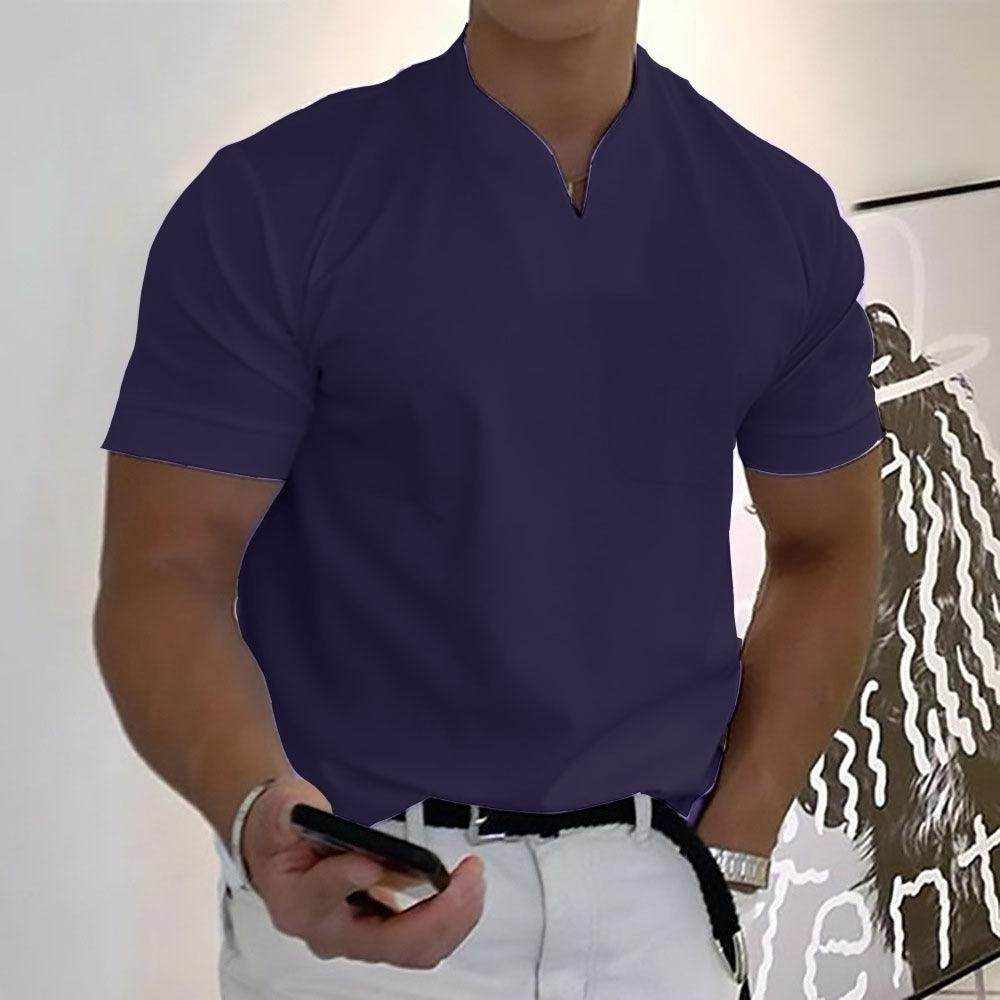 Men's summer short sleeve shirt with elastic cotton pocket, loose fit, stand collar, available in multiple colors and plus sizes