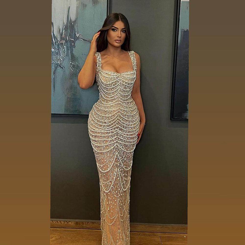 Nude Elegant Sling Light Luxury High-end Pearl Beaded Dress - Magellan Fashion Shop