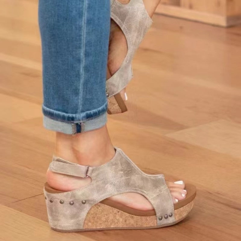 Women's Wedge Peep Toe Platform Rivet Sandals - Magellan Fashion Shop
