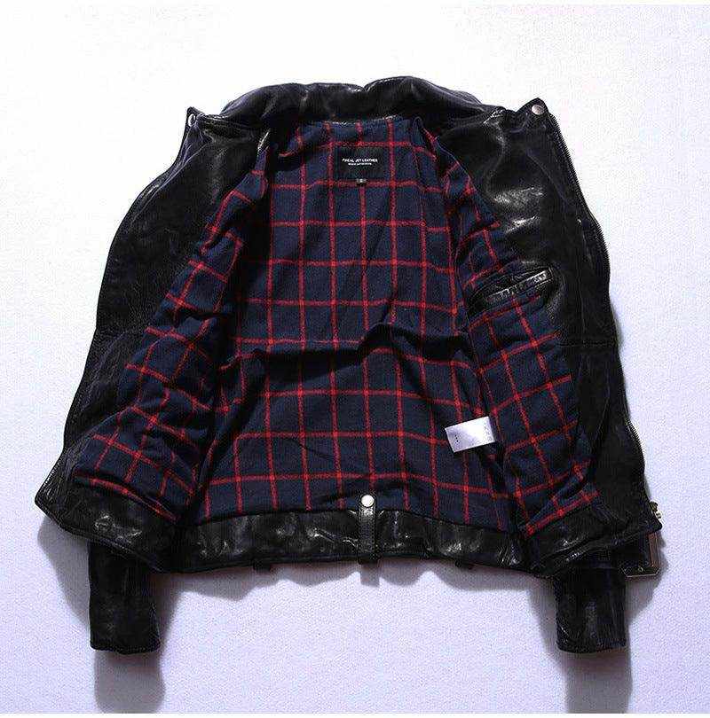 Men's black horse leather motorcycle jacket with Japanese fresh style and acetate fiber lining