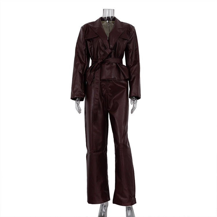 Vintage  Collar With Belt Leather Coat High Waist Leather Shorts