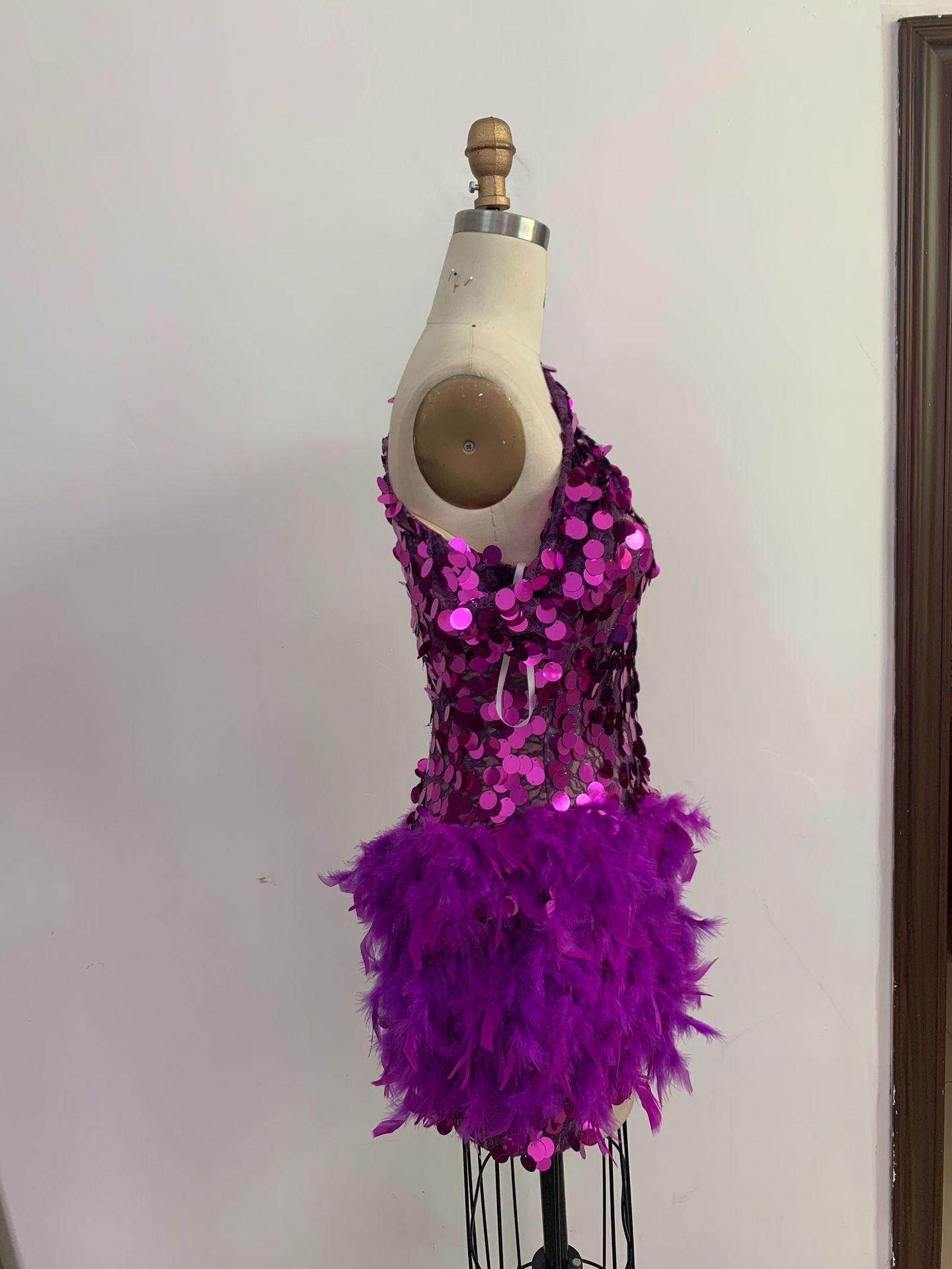 Sequined Feather Skirt One-shoulder Sleeve Short Dress Luxury Party Stage Performance Dress - Magellan Fashion Shop