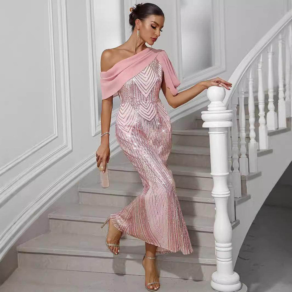 Dress One-shoulder Chiffon Stitching Sequined Dress - Magellan Fashion Shop