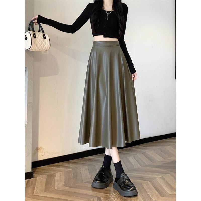 Leather Medium Length Simple A- Line Umbrella Skirt - Magellan Fashion Shop
