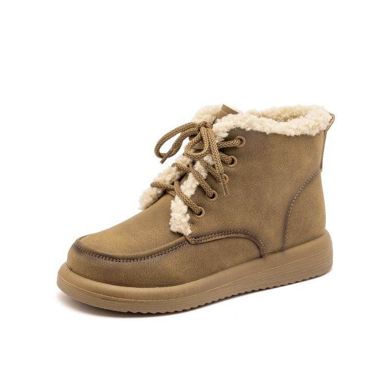 Lace-up Plush Snow Boots Winter Warm Fleece Flat Shoes For Women Fashion Casual Ankle Boot - Magellan Fashion Shop