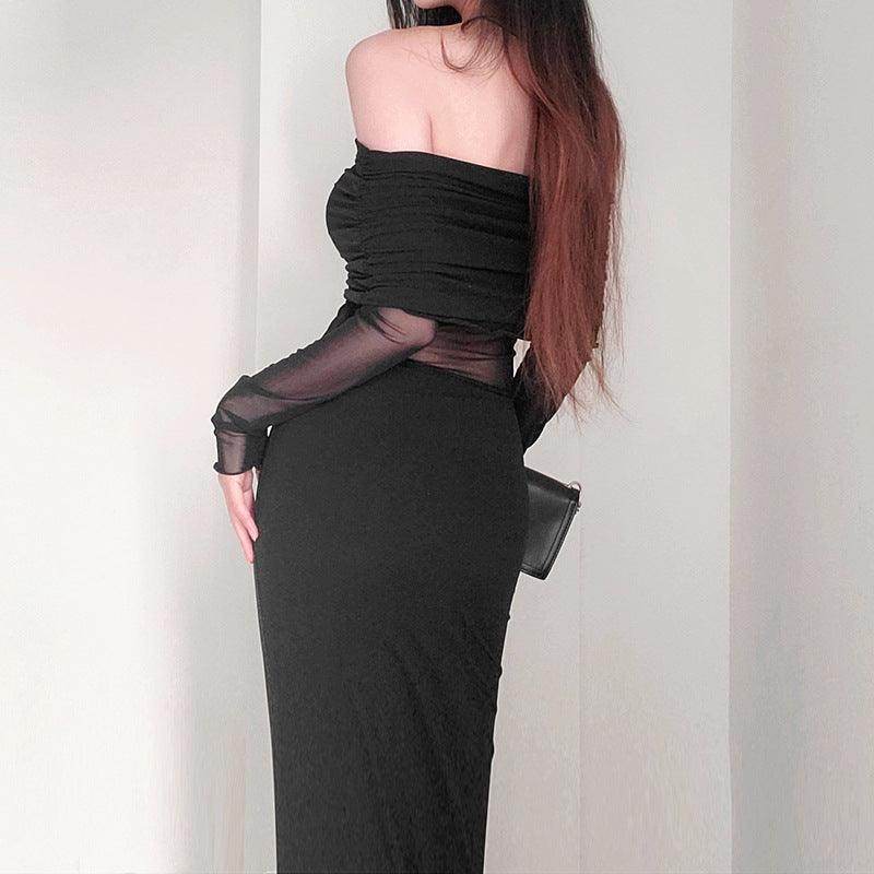Women's Winter Sexy Off-the-shoulder Pleated Long Sleeve Polyester Dress - Magellan Fashion Shop