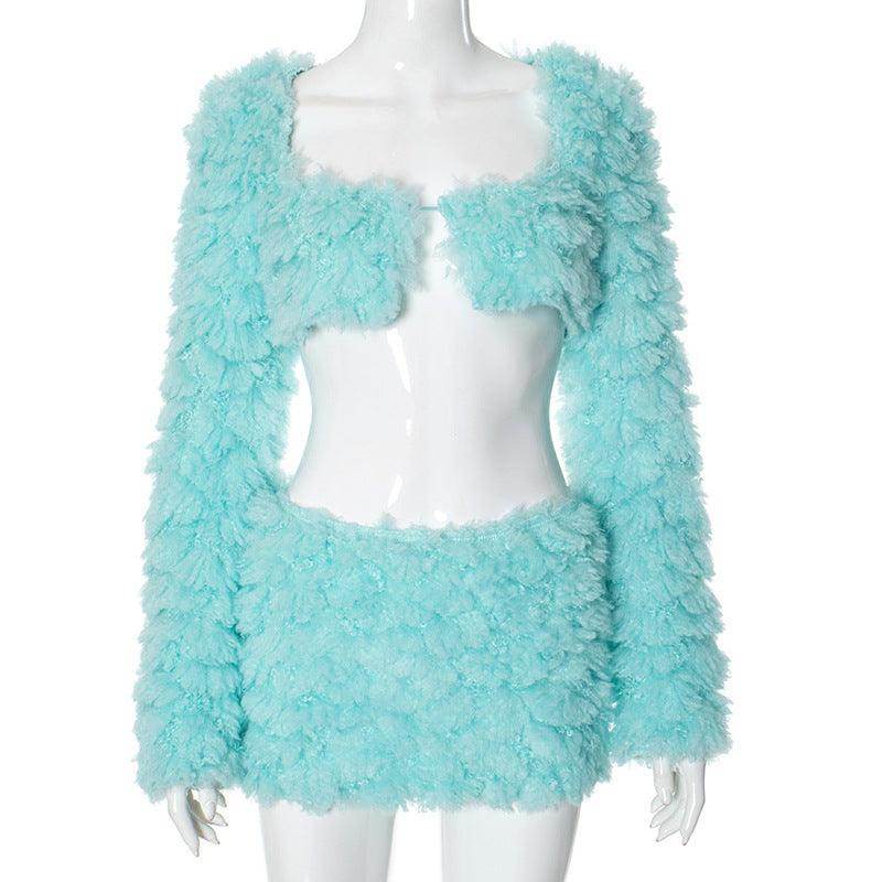 Wrapped Chest Long Sleeve Furry Coat Skirt Outfit - Magellan Fashion Shop