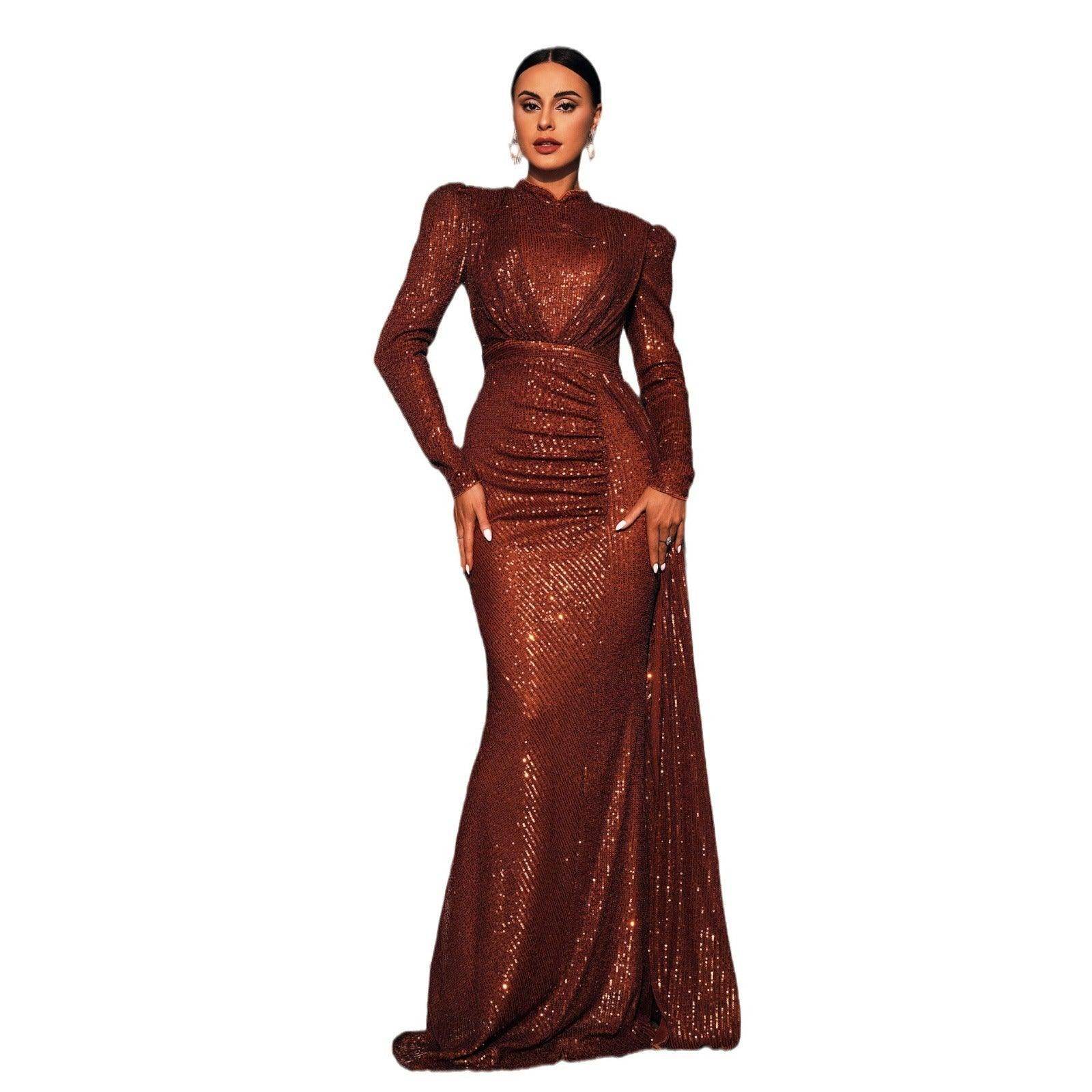 Long Sleeve Round Neck Sexy Slim Long Sequined Banquet Dress - Magellan Fashion Shop