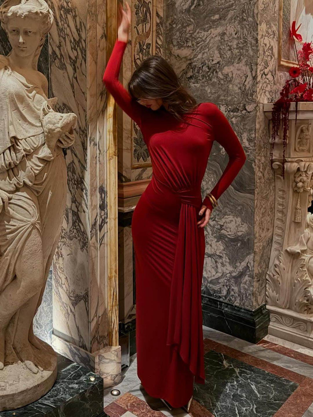 Burgundy Red Backless Chain Long Sleeve Dress - Magellan Fashion Shop