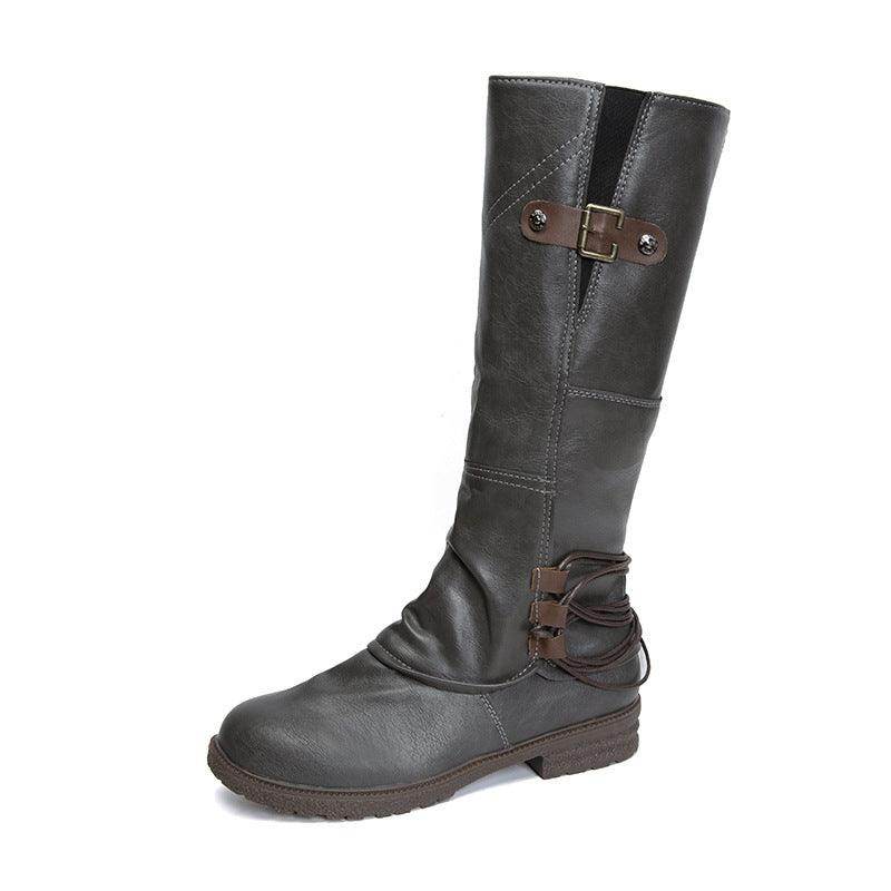 Fashion Casual Round Toe Square Heel Women's High-top Fashion Leather Boots - Magellan Fashion Shop