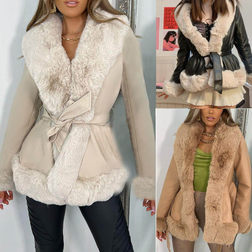 Fashionable Fur Collar Lace-up Waist Leather Coat - Magellan Fashion Shop