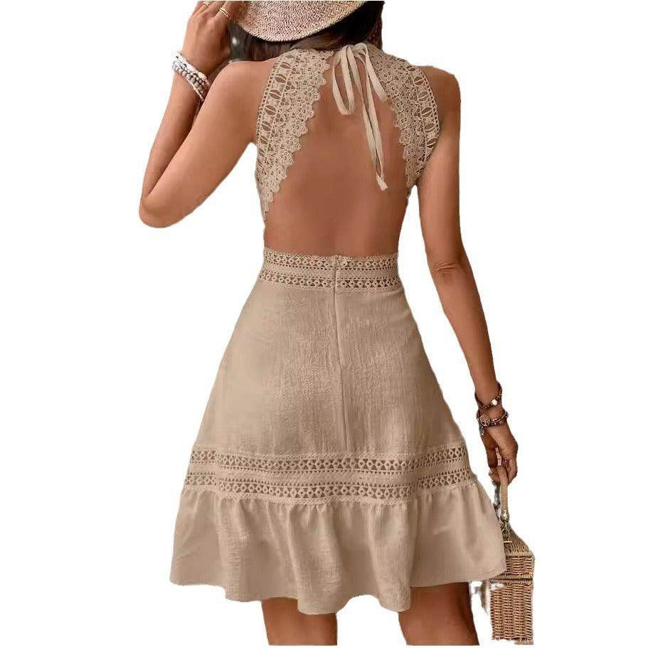 Solid Color Hollow Lace Stitched Backless Halter Lace-up Mini Skirt - Magellan Fashion Shop