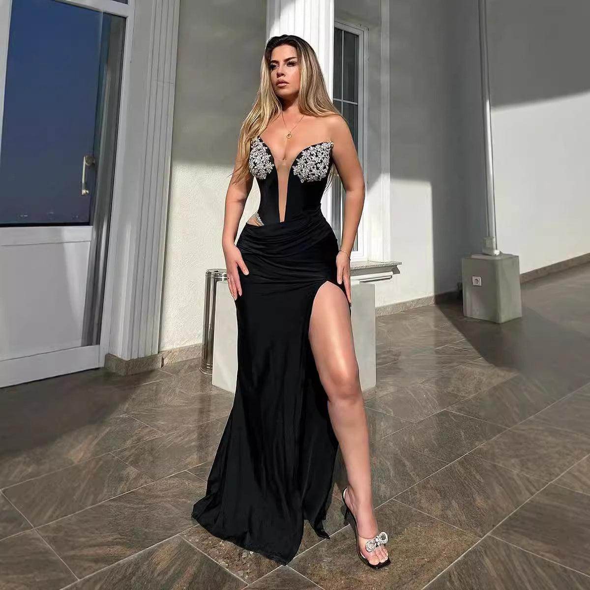Women's Black Bandeau Slim-fit Hot Drilling Long Dress - Magellan Fashion Shop